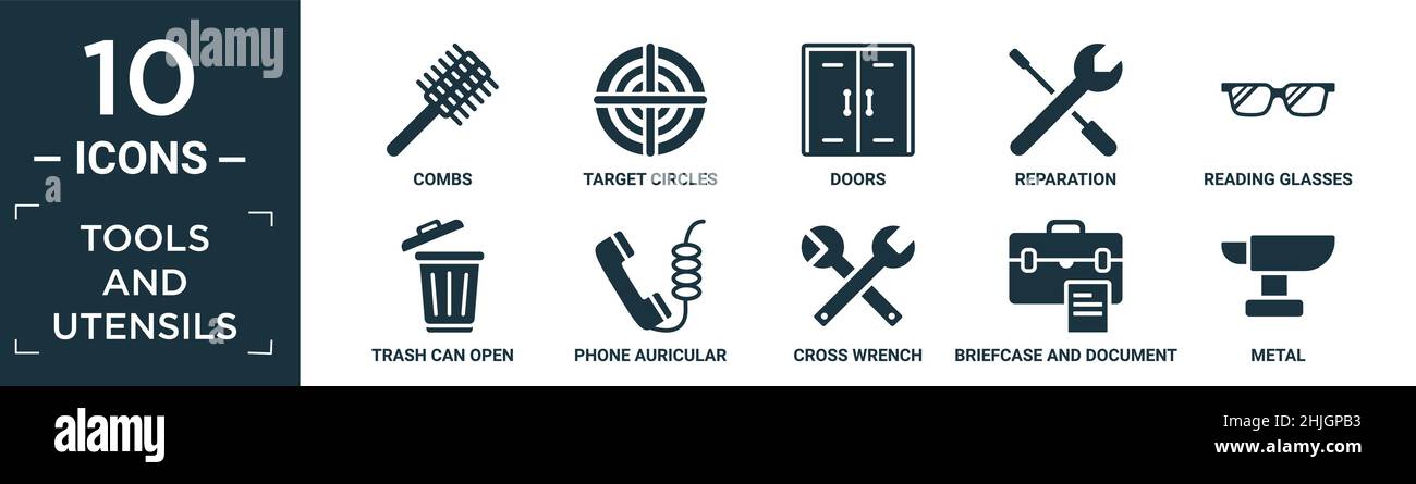 filled tools and utensils icon set. contain flat combs, target circles, doors, reparation, reading glasses, trash can open, phone auricular with cable Stock Vector