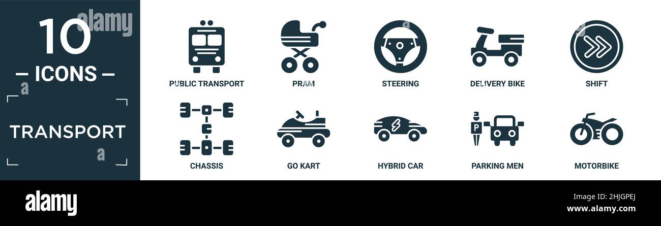 filled transport icon set. contain flat public transport, pram, steering, delivery bike, shift, chassis, go kart, hybrid car, parking men, motorbike i Stock Vector