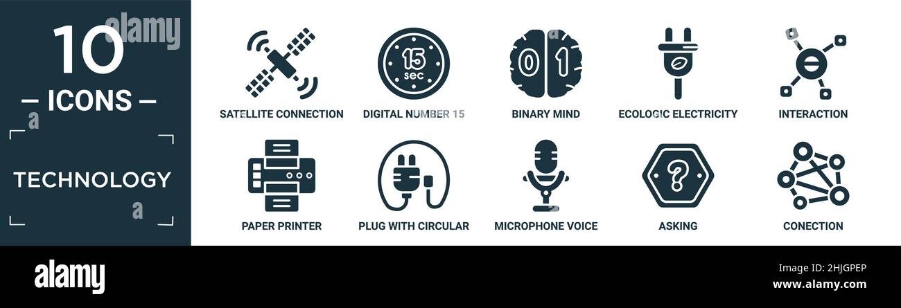 filled technology icon set. contain flat satellite connection, digital number 15, binary mind, ecologic electricity, interaction, paper printer, plug Stock Vector