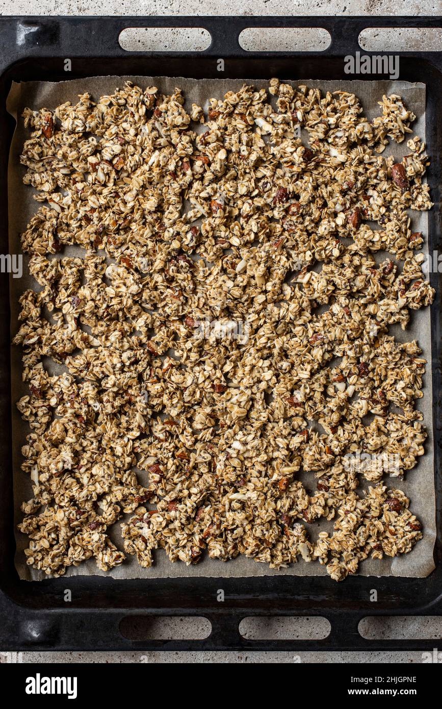 Homemade Almond Granola cooking in a pan Stock Photo Alamy