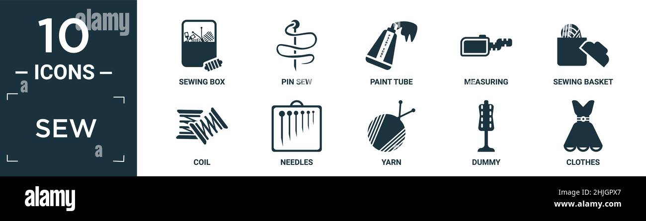 filled sew icon set. contain flat sewing box, pin sew, paint tube ...