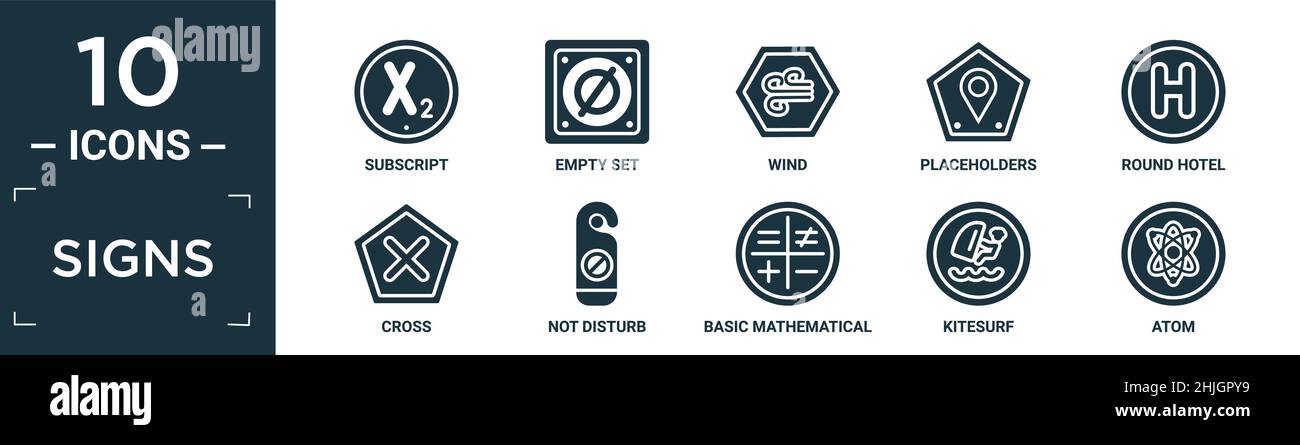 filled signs icon set. contain flat subscript, empty set, wind, placeholders, round hotel, cross, not disturb, basic mathematical, kitesurf, atom icon Stock Vector