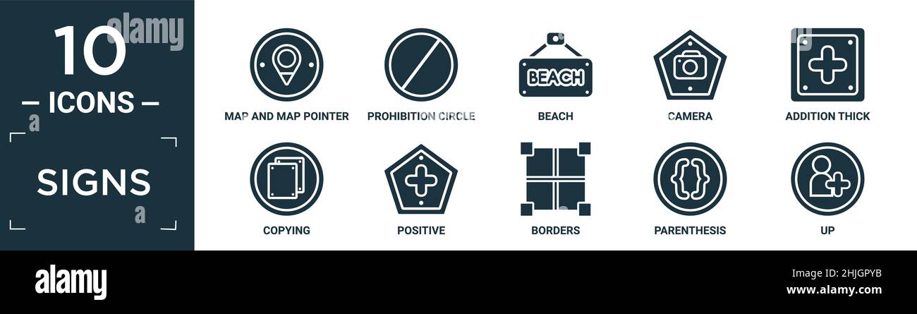 filled signs icon set. contain flat map and map pointer, prohibition circle, beach, camera, addition thick, copying, positive, borders, parenthesis, u Stock Vector