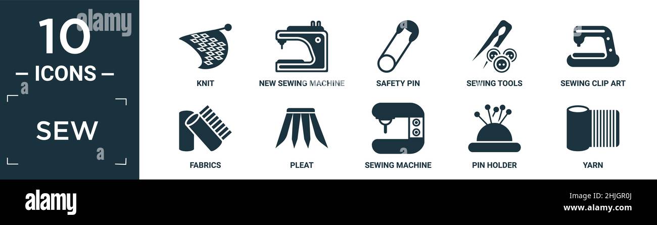 filled sew icon set. contain flat knit, new sewing machine, safety pin