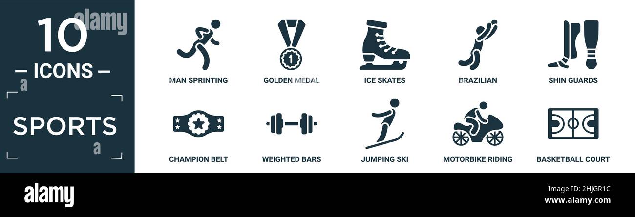 filled sports icon set. contain flat man sprinting, golden medal, ice skates, brazilian, shin guards, champion belt, weighted bars, jumping ski, motor Stock Vector