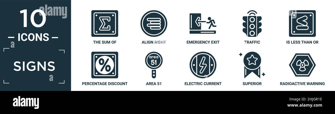 filled signs icon set. contain flat the sum of, align right, emergency exit, traffic, is less than or equal to, percentage discount, area 51, electric Stock Vector