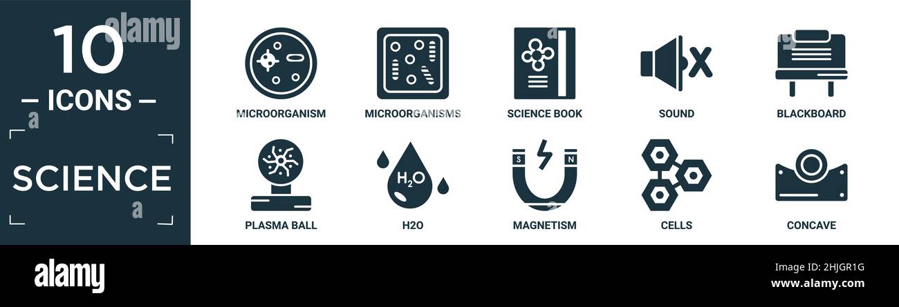 filled science icon set. contain flat microorganism, microorganisms, science book, sound, blackboard, plasma ball, h2o, magnetism, cells, concave icon Stock Vector