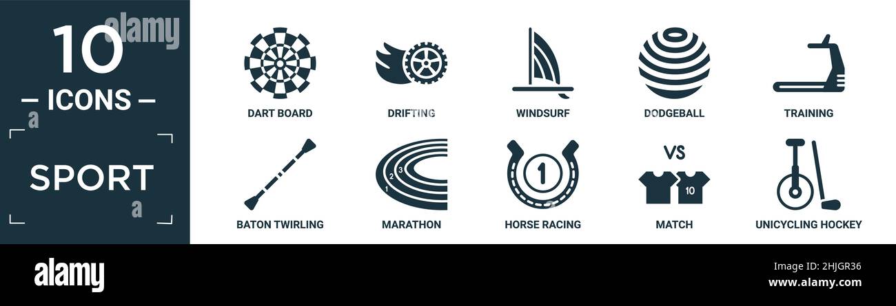 filled sport icon set. contain flat dart board, drifting, windsurf, dodgeball, training, baton twirling, marathon, horse racing, match, unicycling hoc Stock Vector
