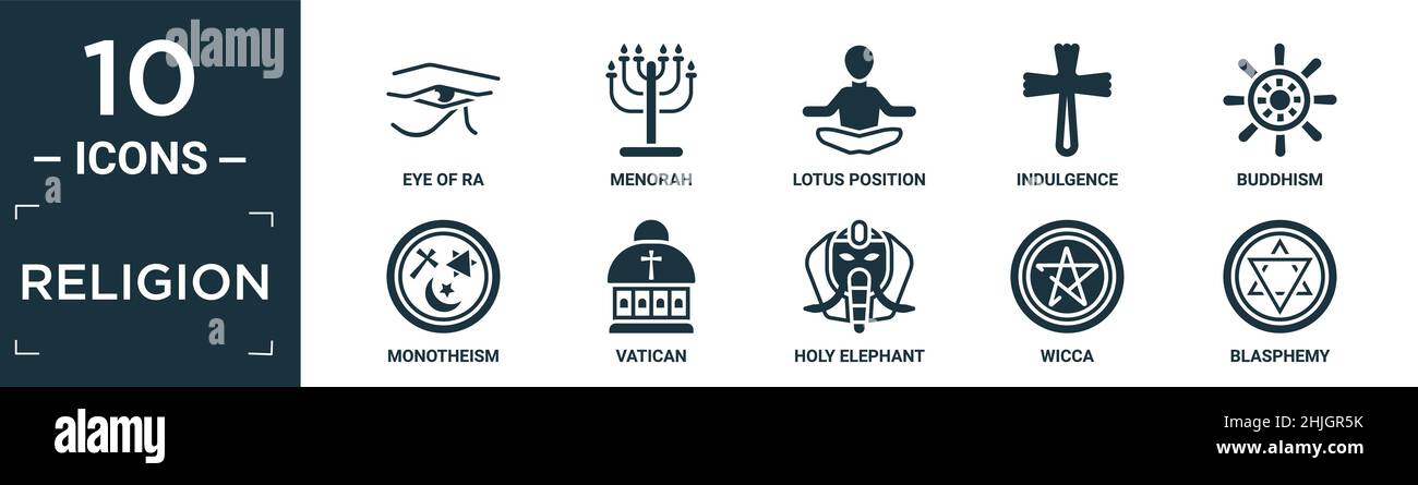 filled religion icon set. contain flat eye of ra, menorah, lotus position, indulgence, buddhism, monotheism, vatican, holy elephant, wicca, blasphemy Stock Vector