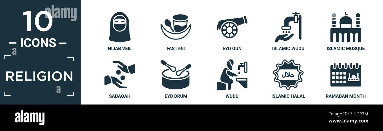 filled religion icon set. contain flat hijab veil, fasting, eyd gun ...