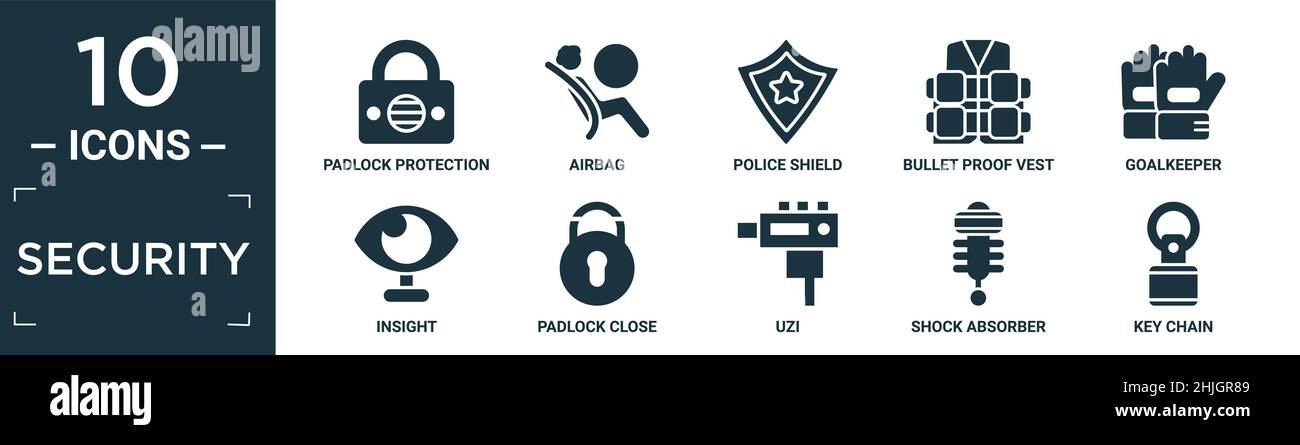filled security icon set. contain flat padlock protection active ...