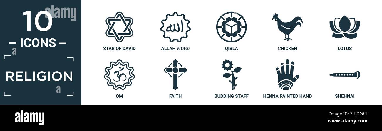 filled religion icon set. contain flat star of david, allah word, qibla, chicken, lotus, om, faith, budding staff, henna painted hand, shehnai icons i Stock Vector