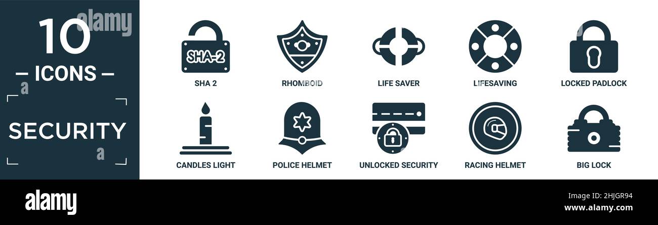 filled security icon set. contain flat sha 2, rhomboid, life saver, lifesaving, locked padlock, candles light, police helmet, unlocked security of cit Stock Vector