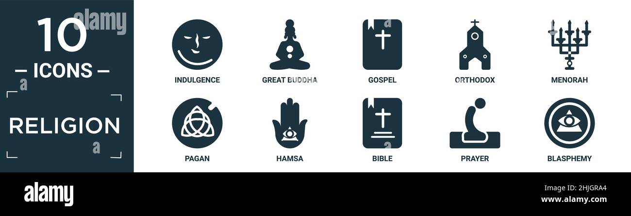 filled religion icon set. contain flat indulgence, great buddha, gospel, orthodox, menorah, pagan, hamsa, bible, prayer, blasphemy icons in editable f Stock Vector