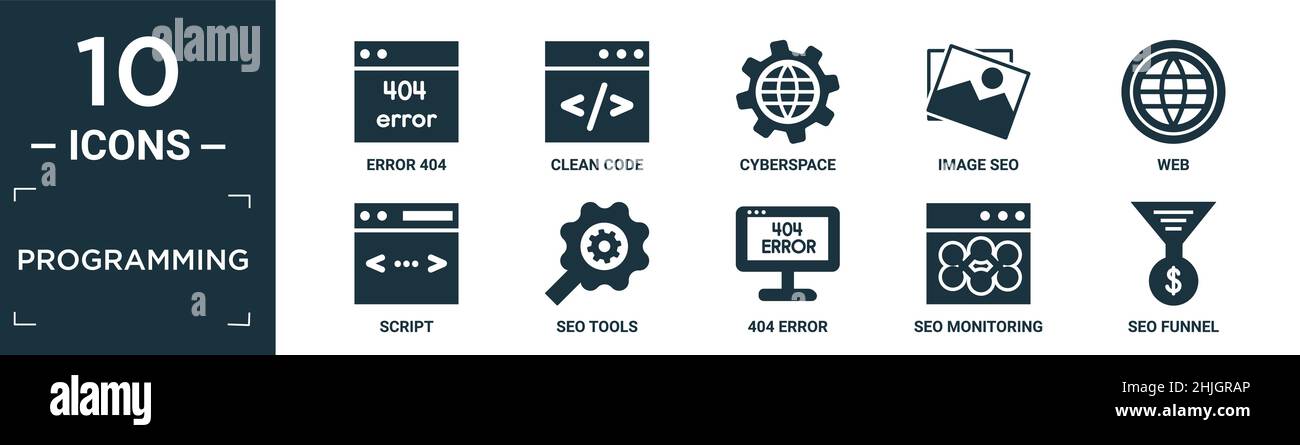 Filled Programming Icon Set Contain Flat Error 404 Clean Code Cyberspace Image Seo Web Script Seo Tools 404 Error Seo Monitoring Funnel Icon Stock Vector Image Art Alamy