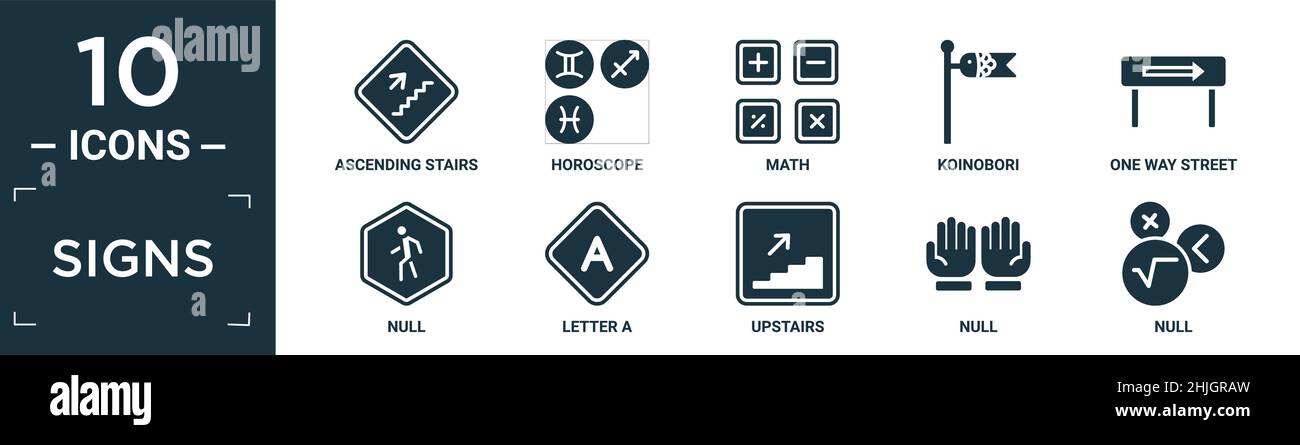 filled signs icon set. contain flat ascending stairs, horoscope, math, koinobori, one way street, null, letter a, upstairs, null, null icons in editab Stock Vector