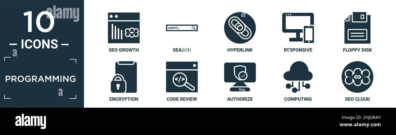 filled programming icon set. contain flat seo growth, search, hyperlink, responsive, floppy disk, encryption, code review, authorize, computing, seo c Stock Vector