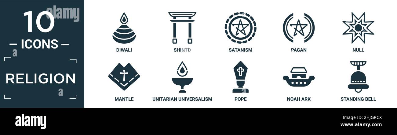 filled religion icon set. contain flat diwali, shinto, satanism, pagan, null, mantle, unitarian universalism, pope, noah ark, standing bell icons in e Stock Vector