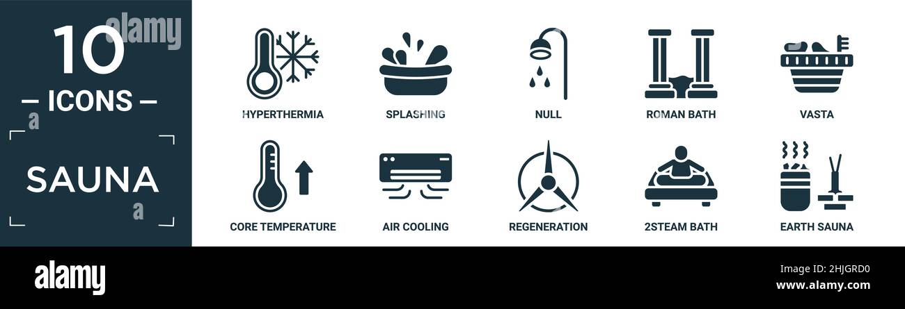 filled sauna icon set. contain flat hyperthermia, splashing, null, roman bath, vasta, core temperature, air cooling, regeneration, 2steam bath, earth Stock Vector