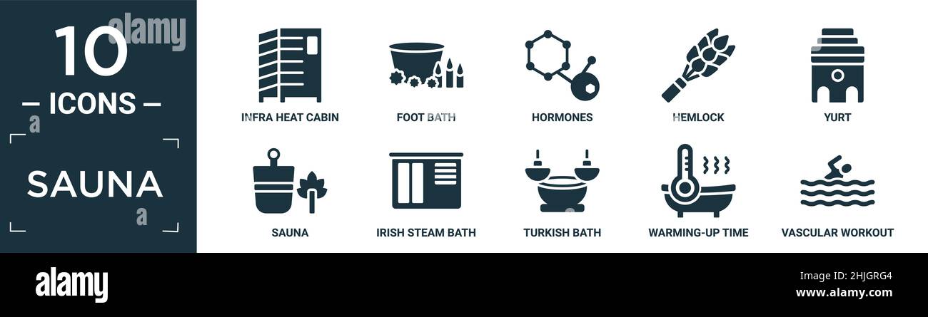 filled sauna icon set. contain flat infra heat cabin, foot bath, hormones, hemlock, yurt, sauna, irish steam bath, turkish bath, warming-up time, vasc Stock Vector
