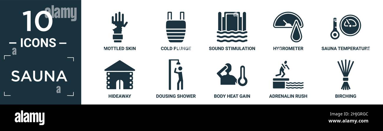 filled sauna icon set. contain flat mottled skin, cold plunge, sound stimulation, hygrometer, sauna temperature, hideaway, dousing shower, body heat g Stock Vector