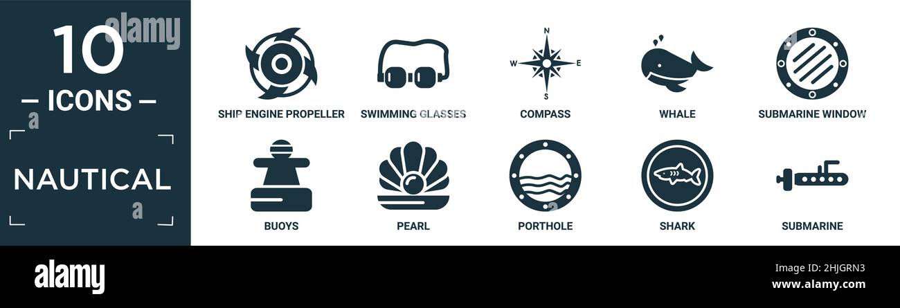 filled nautical icon set. contain flat ship engine propeller, swimming glasses, compass, whale, submarine window, buoys, pearl, porthole, shark, subma Stock Vector