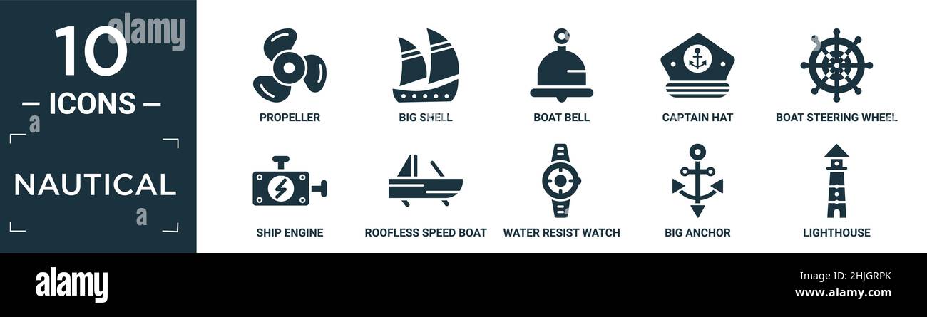 filled nautical icon set. contain flat propeller, big shell, boat bell, captain hat, boat steering wheel, ship engine, roofless speed boat, water resi Stock Vector