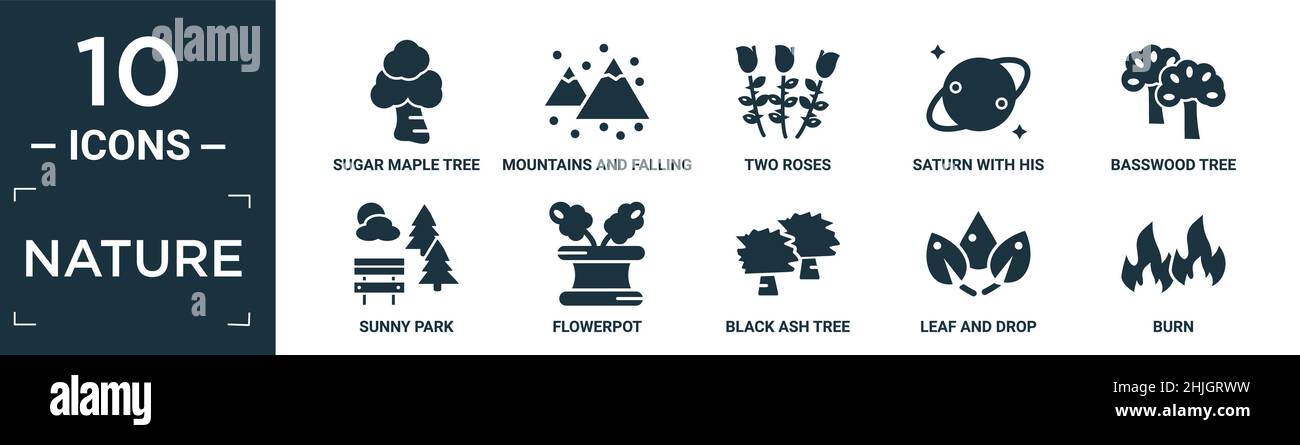 filled nature icon set. contain flat sugar maple tree, mountains and falling snowflakes, two roses, saturn with his ring, basswood tree, sunny park, f Stock Vector