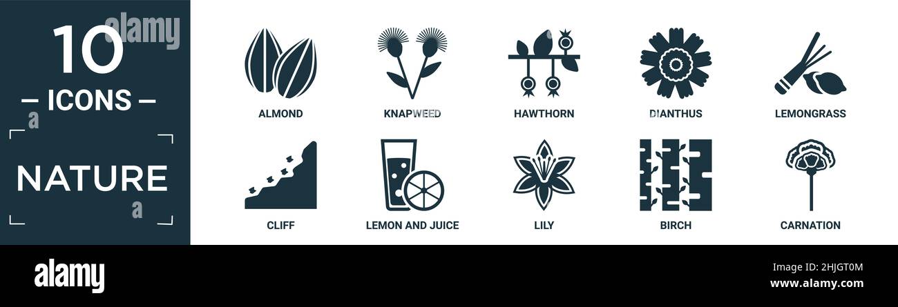 filled nature icon set. contain flat almond, knapweed, hawthorn, dianthus, lemongrass, cliff, lemon and juice drop out, lily, birch, carnation icons i Stock Vector