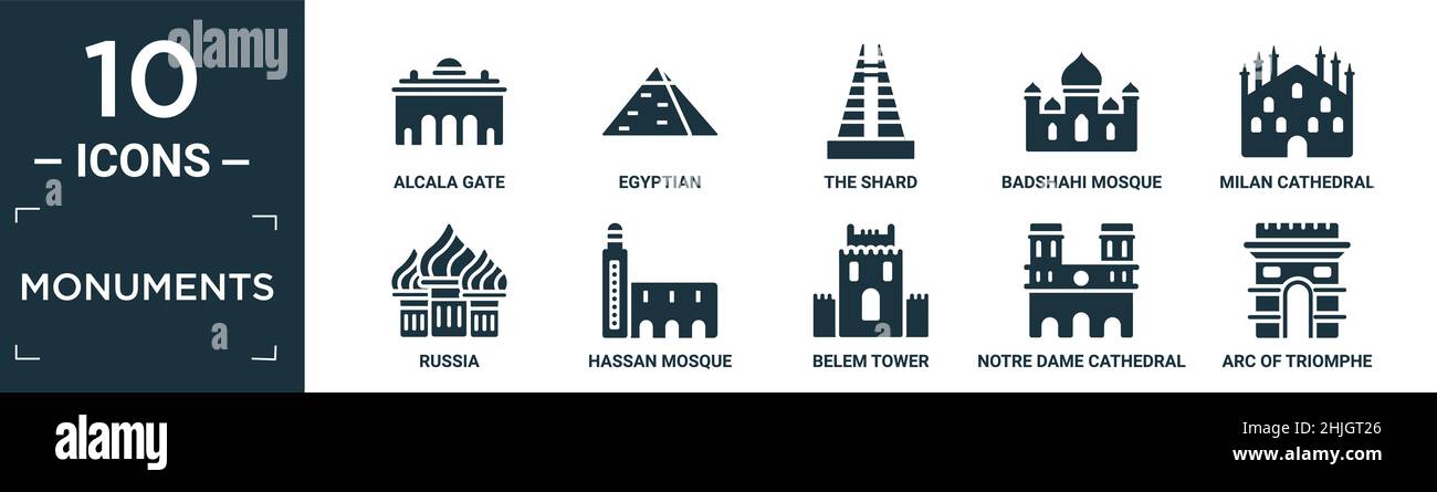filled monuments icon set. contain flat alcala gate, egyptian, the shard, badshahi mosque, milan cathedral, russia, hassan mosque, belem tower, notre Stock Vector