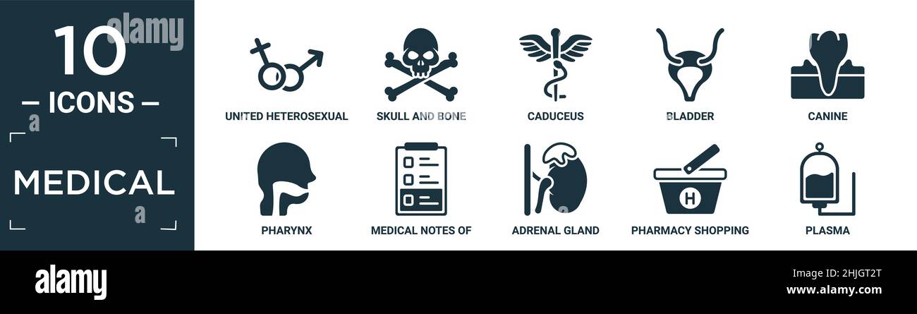 filled medical icon set. contain flat united heterosexual, skull and bone, caduceus, bladder, canine, pharynx, medical notes of a list paper on a clip Stock Vector