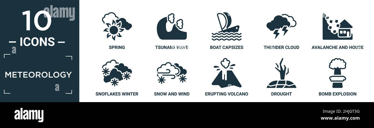 filled meteorology icon set. contain flat spring, tsunami wave, boat capsizes, thunder cloud, avalanche and house, snoflakes winter cloud, snow and wi Stock Vector