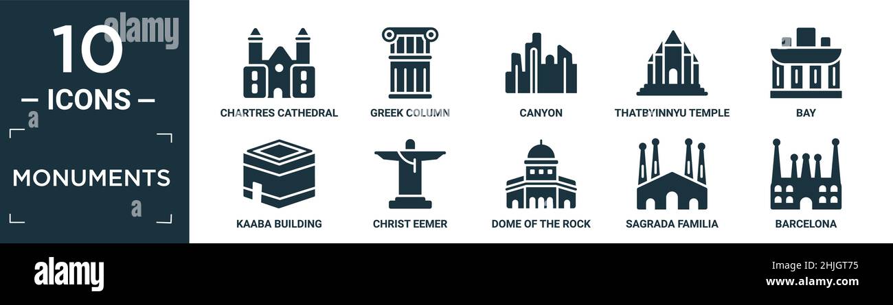 filled monuments icon set. contain flat chartres cathedral, greek column, canyon, thatbyinnyu temple, bay, kaaba building, christ eemer, dome of the r Stock Vector