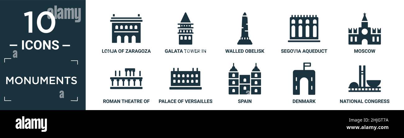 filled monuments icon set. contain flat lonja of zaragoza, galata tower in istanbul, walled obelisk, segovia aqueduct, moscow, roman theatre of merida Stock Vector