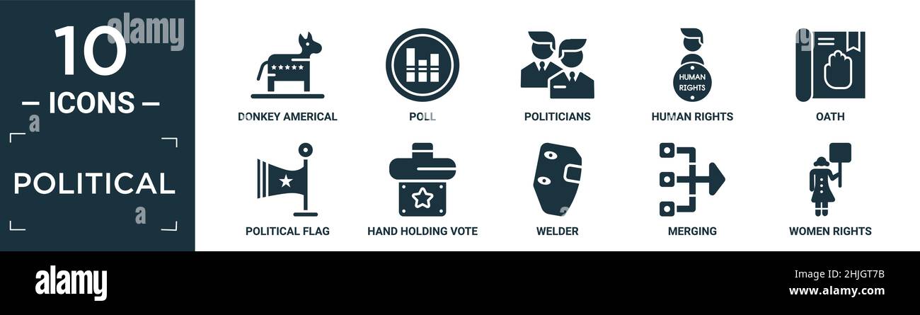 filled political icon set. contain flat donkey americal political, poll, politicians, human rights, oath, political flag, hand holding vote paper, wel Stock Vector