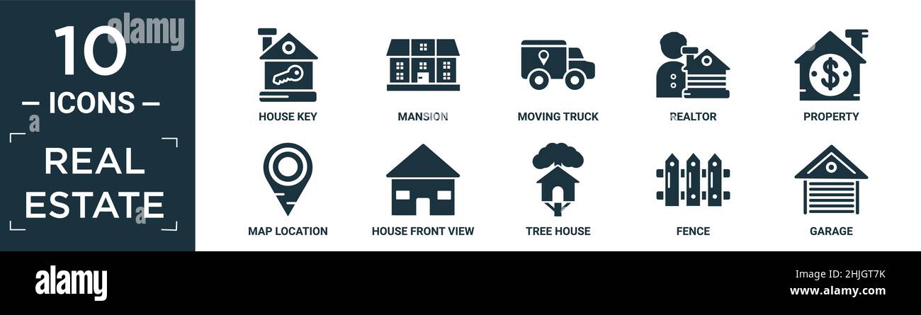 filled real estate icon set. contain flat house key, mansion, moving ...