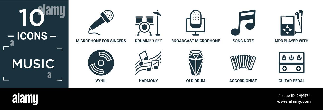 filled music icon set. contain flat microphone for singers, drummer set ...