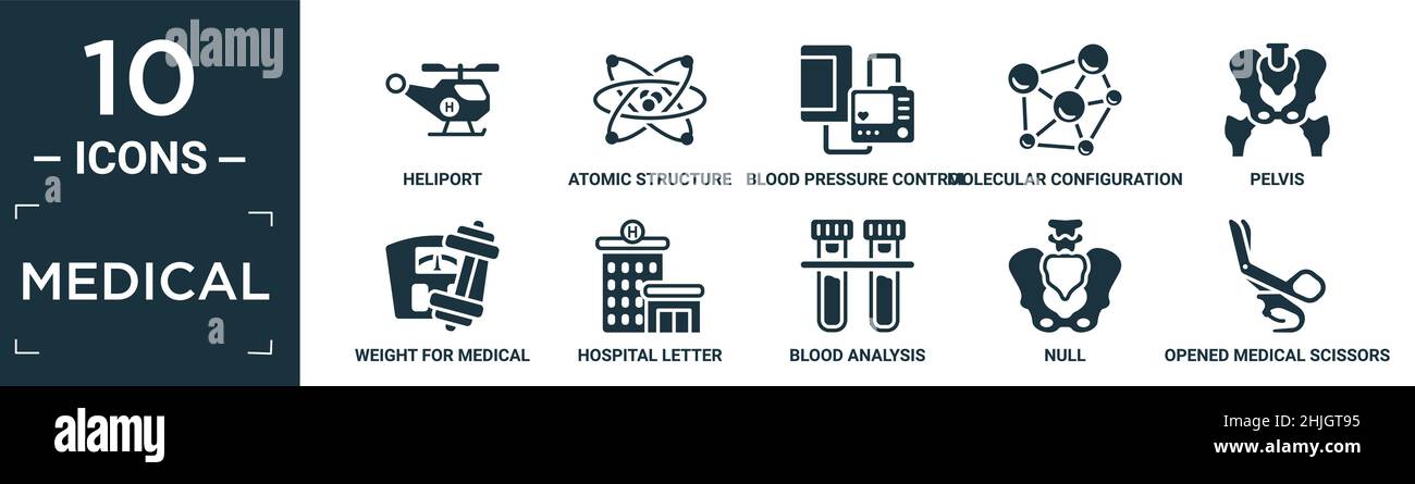 filled medical icon set. contain flat heliport, atomic structure, blood pressure control tool, molecular configuration, pelvis, weight for medical spo Stock Vector