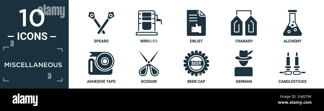 filled miscellaneous icon set. contain flat spears, wringer, enlist, granary, alchemy, adhesive tape, scissor, beer cap, german, candlesticks icons in Stock Vector