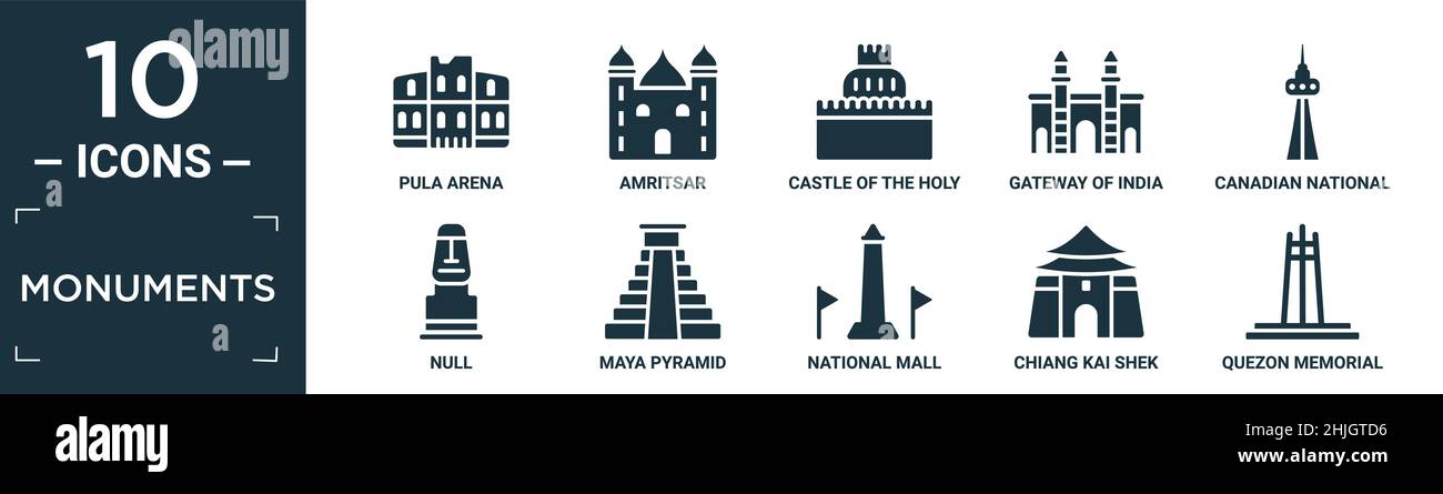 filled monuments icon set. contain flat pula arena, amritsar, castle of the holy angel in rome, gateway of india, canadian national tower, null, maya Stock Vector