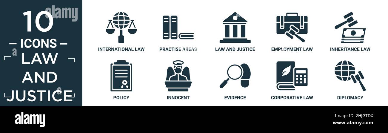 filled law and justice icon set. contain flat international law, practise areas, law and justice, employment law, inheritance policy, innocent, eviden Stock Vector