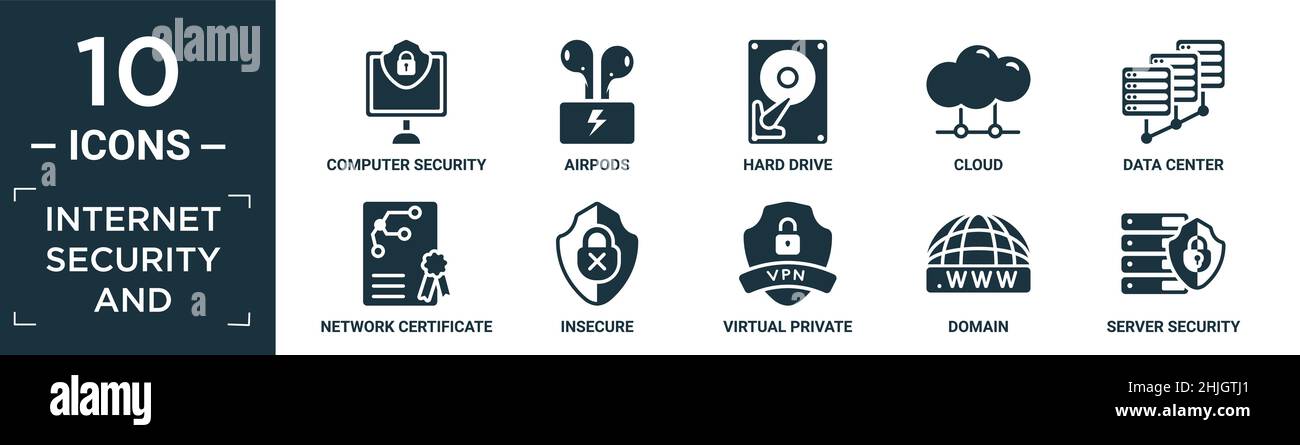 filled internet security and icon set. contain flat computer security, airpods, hard drive, cloud, data center, network certificate, insecure, virtual Stock Vector