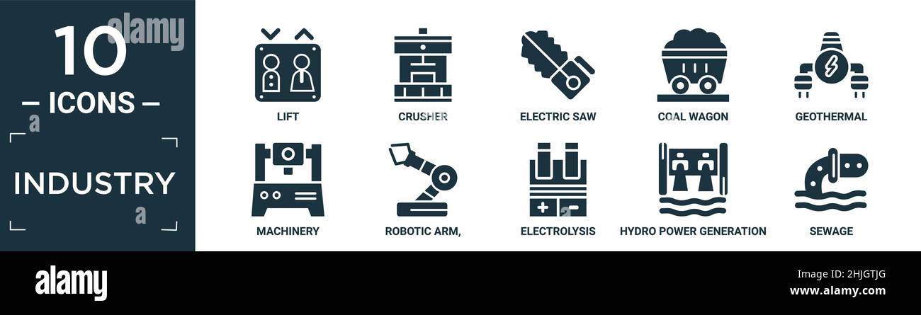 filled industry icon set. contain flat lift, crusher, electric saw, coal wagon, geothermal, machinery, robotic arm,, electrolysis, hydro power generat Stock Vector