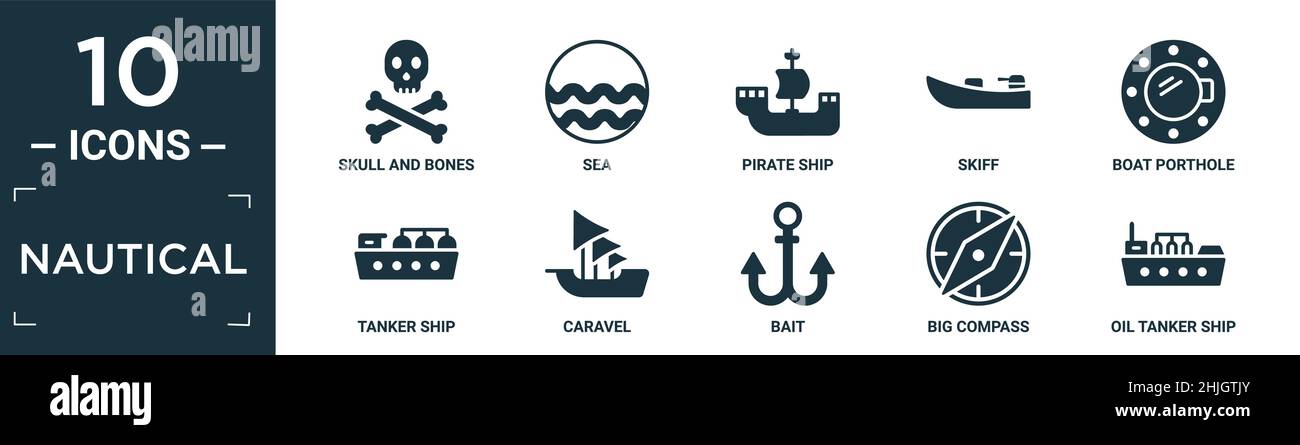 filled nautical icon set. contain flat skull and bones, sea, pirate ship, skiff, boat porthole, tanker ship, caravel, bait, big compass, oil tanker sh Stock Vector