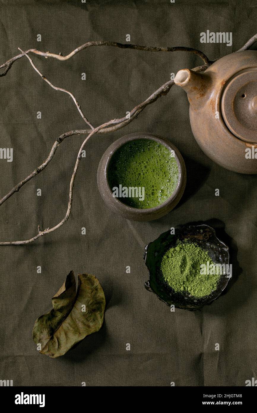 Matcha Tea Craft Traditional japanese hot green frothy tea matcha in ceramic cup ...