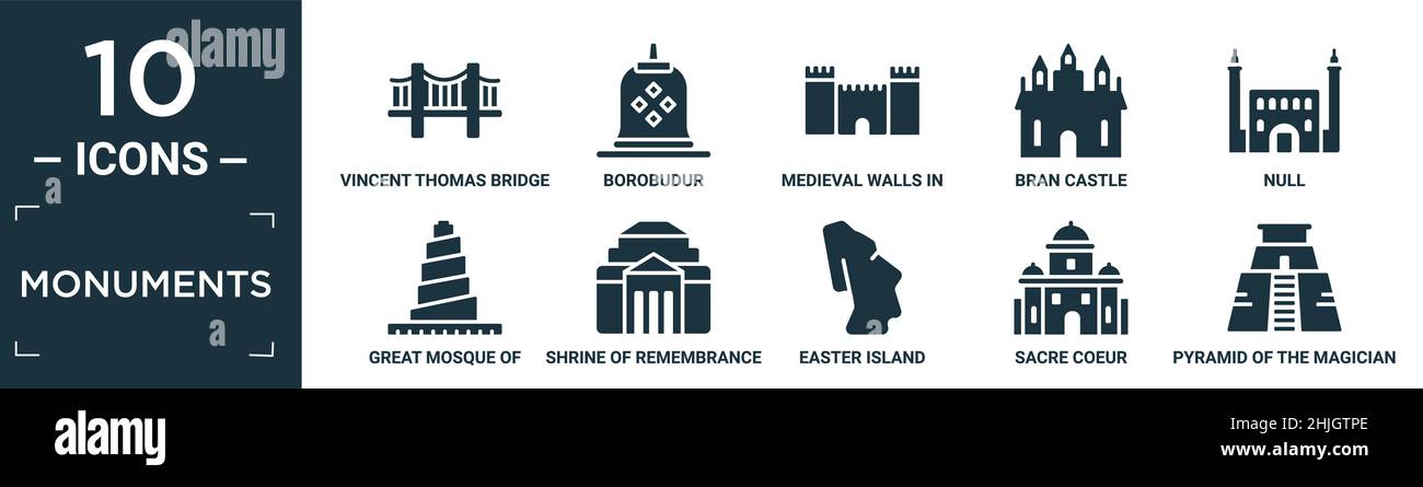 filled monuments icon set. contain flat vincent thomas bridge, borobudur, medieval walls in avila, bran castle, null, great mosque of samarra, shrine Stock Vector