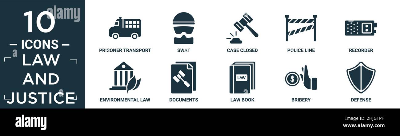 filled law and justice icon set. contain flat prisoner transport vehicle, swat, case closed, police line, recorder, environmental law, documents, law Stock Vector