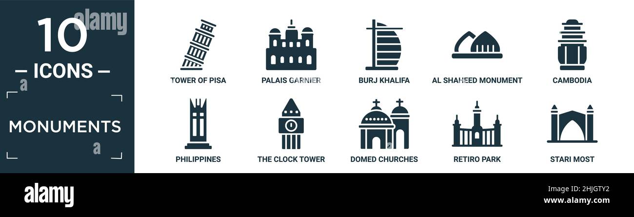filled monuments icon set. contain flat tower of pisa, palais garnier, burj khalifa, al shaheed monument, cambodia, philippines, the clock tower, dome Stock Vector