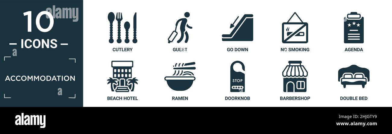 filled accommodation icon set. contain flat cutlery, guest, go down, no smoking, agenda, beach hotel, ramen, doorknob, barbershop, double bed icons in Stock Vector