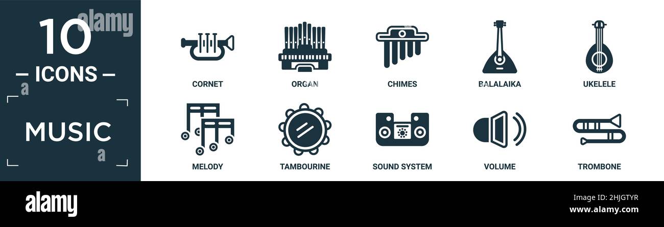 filled music icon set. contain flat cornet, organ, chimes, balalaika, ukelele, melody, tambourine, sound system, volume, trombone icons in editable fo Stock Vector